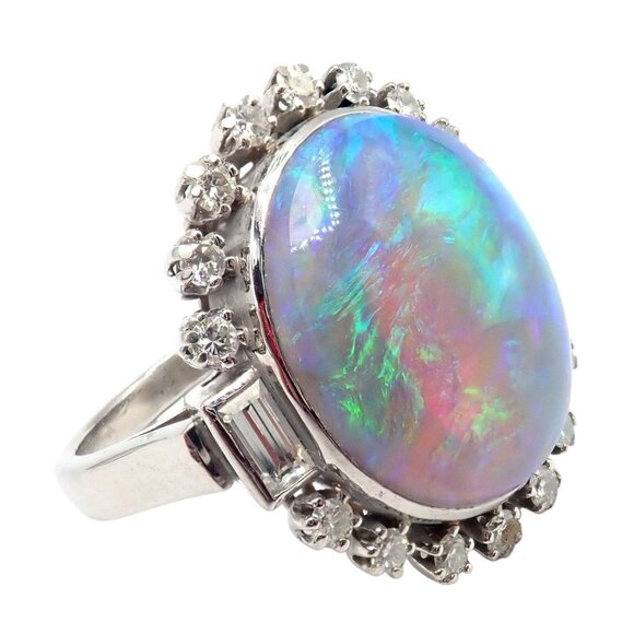Antique Vintage Estate Palladium Diamond Opal Ring - Picture 12 of 12